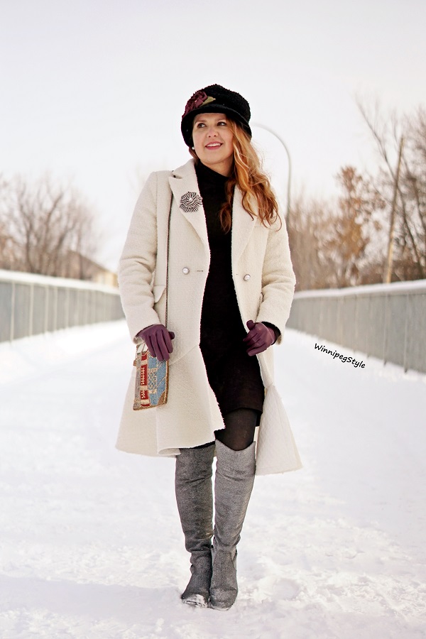 Winnipeg Style, Canadian fashion blog, vintage classic style, Chicwish Asymmetrical frill tweed winter white coat, Mary Frances book beaded handbag, Unisa over the knee metallic silver sparkle boots, Toucan collection wool bucket hat, winter style, Canadian winter style